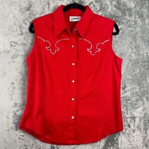Banjo‎ Dallas Sleeveless Top Womens Large Red Pearl Buttons Rhinestones Western